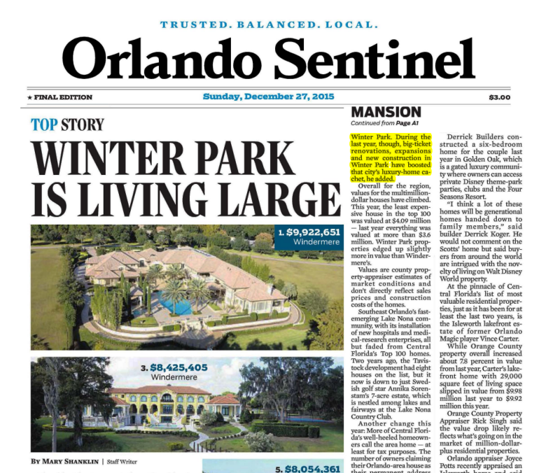 Orlando Sentinel MansionQuest article 2015
